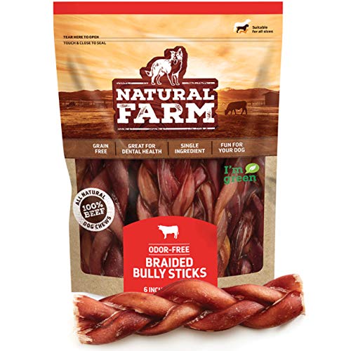 Natural Farm Made and Packaged Braided Bully Sticks: Odor-Free, 6 Long (5-Pack), 100% Beef - Grain-Free, Low Fat & Fully Digestible Dental Treats - Safest Dog Curly Chew to Keep Your Dog Busy