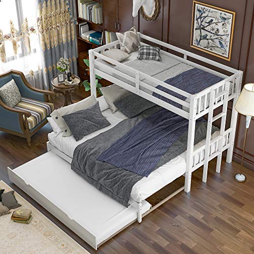 Twin Over Twin/King Bunk Beds with Trundle, Twin Over Pull-Out bunk Bed Accommodate 4 People for Kids, Adult, No Box Spring Needed