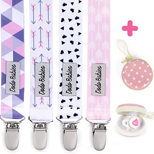 Pacifier Clip by Dodo Babies Pack of 4 + Pacifier Case, Premium Quality for Girls Modern Designs Universal Holder Leash for Pacifiers, Teething Toy or Soothie, Baby Shower Gift Set