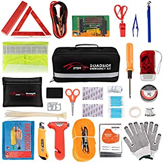 STDY Car Roadside Emergency Kit, Auto Vehicle Truck Safety Emergency Road Side Assistance Kits with Jumper Cables, First Aid Kit, Tow Rope, Reflective Warning Triangle, Tire Pressure Gauge, etc