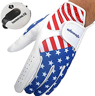 USA Flag Golf Gloves for Men's Left Hand White Soft Leather Breathable Professional Golf Hand Wear with Mini Golf Stroke Counter Scorekeeper Scoring Tool Score