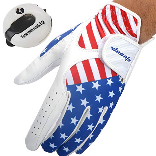 USA Flag Golf Gloves for Men's Left Hand White Soft Leather Breathable Professional Golf Hand Wear with Mini Golf Stroke Counter Scorekeeper Scoring Tool Score