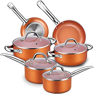 Nonstick Cookware Set, CUSINAID 10-Piece Aluminum Cookware Sets Induction Cookware Set Hard Porcelain Enamel Cookware Suitable for All Sctovetops and Induction Cooktops, Dishwasher/Oven Safe(Copper)