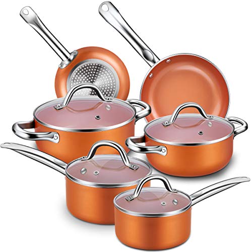 Nonstick Cookware Set, CUSINAID 10-Piece Aluminum Cookware Sets Induction Cookware Set Hard Porcelain Enamel Cookware Suitable for All Sctovetops and Induction Cooktops, Dishwasher/Oven Safe(Copper)