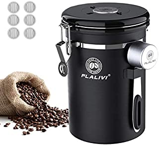 Flalivi Coffee Canister, Airtight Stainless Steel Coffee Storage Container with Scoop , for Beans Tea Coffee Sugar, Coffee Ground Vault Jar With One Way Co2 Valve (22OZ Black )