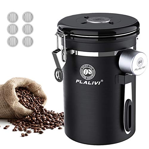 Flalivi Coffee Canister, Airtight Stainless Steel Coffee Storage Container with Scoop , for Beans Tea Coffee Sugar, Coffee Ground Vault Jar With One Way Co2 Valve (22OZ Black )