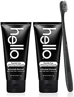 Hello Oral Care Activated Charcoal Teeth Whitening Fluoride Free & SLS Free Toothpaste 2 Pack with BPA Free Toothbrush