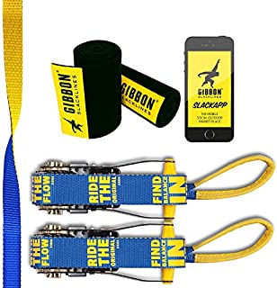 Gibbon Slacklines Flowline with treewear, Yellow/Blue, 82ft (74 ft line + 8ft Ratchet Strap with Reinforced Loop) 1