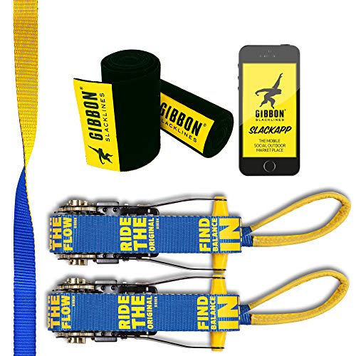 Gibbon Slacklines Flowline with treewear, Yellow/Blue, 82ft (74 ft line + 8ft Ratchet Strap with Reinforced Loop) 1