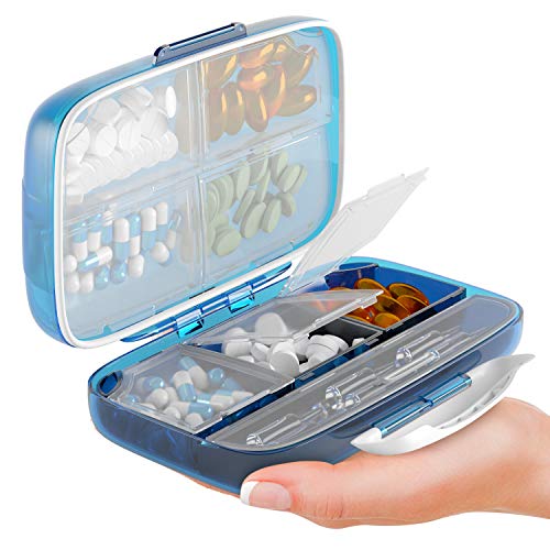 Moisture Proof Pill Sorter Travel Pill Organizer Pill Box Waterproof Large Pill Dispenser Home Supplement Holder Portable Vitamin Jumbo Size 8 Compartment Airtight Pill Container Daily Medicine