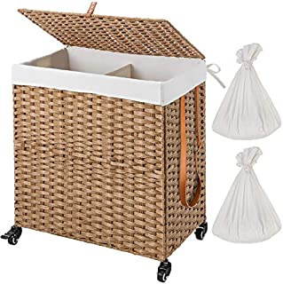 Greenstell Handwoven Divided Laundry Hamper with Wheels and 2 Removable Liner Bags, Synthetic Rattan Clothes Laundry Basket with Lid and Handles, Foldable and Easy to Install (Natural)