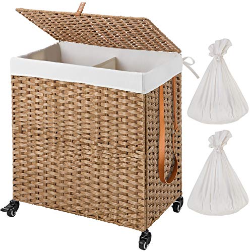 Greenstell Handwoven Divided Laundry Hamper with Wheels and 2 Removable Liner Bags, Synthetic Rattan Clothes Laundry Basket with Lid and Handles, Foldable and Easy to Install (Natural)