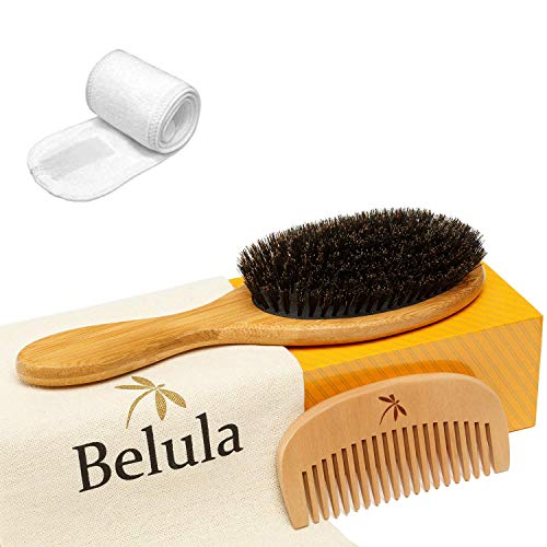 100% Boar Bristle Hair Brush Set. Soft Natural Bristles for Thin and Fine Hair. Restore Shine And Texture. Wooden Comb, Travel Bag and Spa Headband Included!