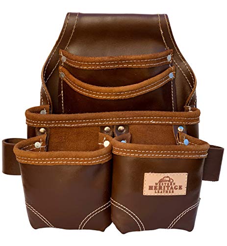 Western Heritage | Heavy Duty Leather Tool Pouch Bag, Brown Color | Professional Grade | Carpenter, Construction, Framers, Handyman Tool Bag, Reinforced Seams, 5 Pockets, 2 Snap Loops