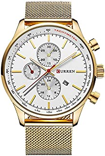 CURREN Watches Mens Luxury Stainless Steel Quartz Watch Men Casual Waterproof Clock Date Sport Wristwatch (Gold White)