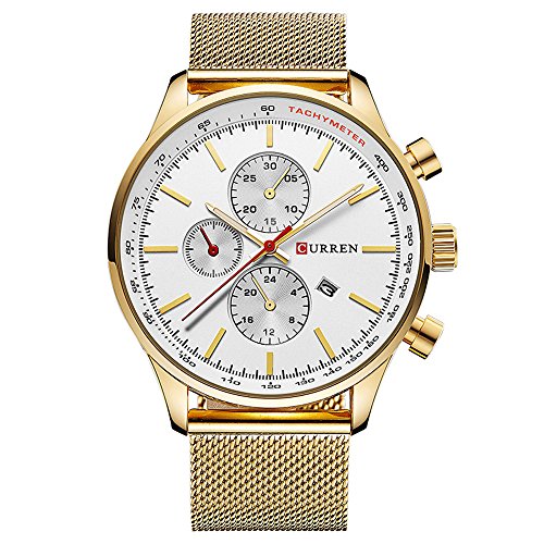 CURREN Watches Mens Luxury Stainless Steel Quartz Watch Men Casual Waterproof Clock Date Sport Wristwatch (Gold White)