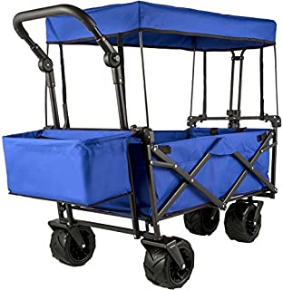 Happybuy Collapsible Wagon Cart Blue, Foldable Wagon Cart Removable Canopy 600D Oxford Cloth, Collapsible Wagon Oversized Wheels, Portable Folding Wagon Adjustable Handles, for Beach, Garden, Sports