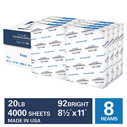 Hammermill 20lb Copy Paper, 8.5 x 11, 8 Ream Case, 4,000 Sheets, Made in USA, Sustainably Sourced From American Family Tree Farms, 92 Bright, Acid Free, Economical Multipurpose Printer Paper, 113640C