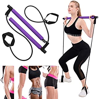 YaNovate Pilates Bar Kit with Exercise Resistance Band for Home Gym Workout, Portable Anti-Slip Toning Pilates Stick with Elastic Rope Foot Loops for Indoor Yoga Muscle Stretch Body Shape for Women