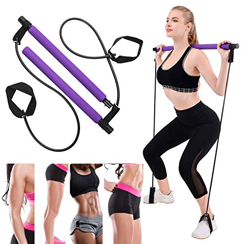 YaNovate Pilates Bar Kit with Exercise Resistance Band for Home Gym Workout, Portable Anti-Slip Toning Pilates Stick with Elastic Rope Foot Loops for Indoor Yoga Muscle Stretch Body Shape for Women