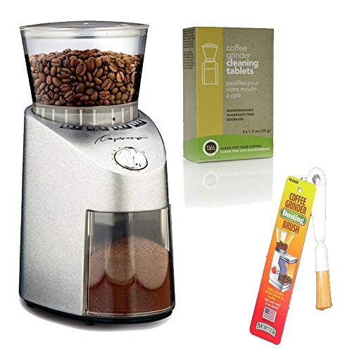 Capresso 565.05 Infinity Stainless Steel Conical Burr Grinder with Urnex Full Circle Biodegradable Coffee Grinder Cleaning Tablets and Coffee Grinder Dusting Brush (3 Items)