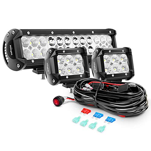 Nilight ZH016 12 Inch 72W Spot Combo Bar 2PCS 4 Inch 18W Flood LED Fog Lights with Off Road Wiring Harness-2 Leads, 2 Years Warranty