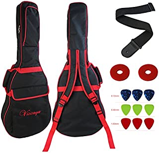 Vizcaya 41 Inch Waterproof Dual Adjustable Shoulder Strap Acoustic Guitar Gig Bag 15mm Padding Backpack with Accessories(Adult Guitar Strap,Picks,Strap Lock) -Black with Red Edge