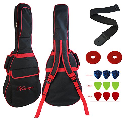 Vizcaya 41 Inch Waterproof Dual Adjustable Shoulder Strap Acoustic Guitar Gig Bag 15mm Padding Backpack with Accessories(Adult Guitar Strap,Picks,Strap Lock) -Black with Red Edge