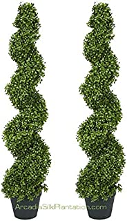 Arcadia Silk Plantation 2 Pre-potted 4 Feet 2 Inches Spiral Boxwood Artificial Topiary Trees in Plastic Pot