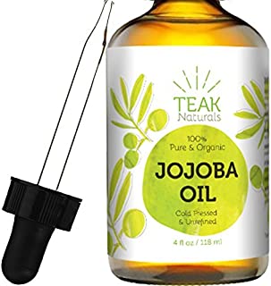 JOJOBA Oil by Teak Naturals, 100% Pure Cold Pressed Natural Unrefined Moisturizer for Skin Hair and Nails 4 oz