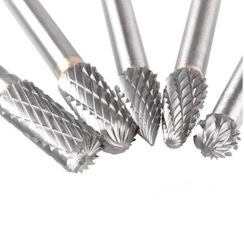 5 Pcs Carbide Rotary Burr Set with 6 mm(1/4 Inch) Shank and 8mm Head, Acrux7 Tungsten Carbide Double Cut Rotary Burr 1/4 Inch Shank Die Grinder Bits for DIY Woodworking, Metal Carving, Engraving, Dril