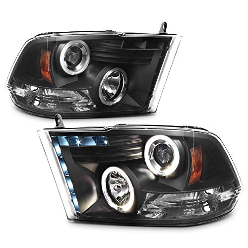 For 09-18 Dodge Ram Pickup Truck Black Bezel Dual Halo Ring LED Projector Headlights Replacement Pair