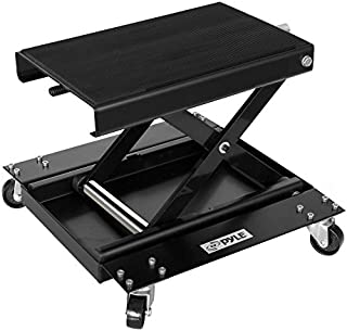 Pyle Motorcycle Scissor Jack Lift W/ Dolly - Portable Ez Bike Rack, Front Rear Center Tire Wheel Engine Stand W/ Wheels - Low Profile Manual Flat Floor Hoist Table for Cruiser, Dirt Bikes - PLMOTJC11