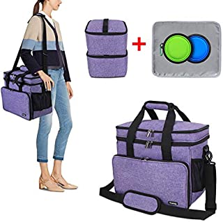 Teamoy Double Layer Dog Travel Bag with 2 Silicone Collapsible Bowls, 2 Food Carriers, 1 Water-Resistant Placemat, Pet Supplies Weekend Tote Organizer(Medium, Purple)