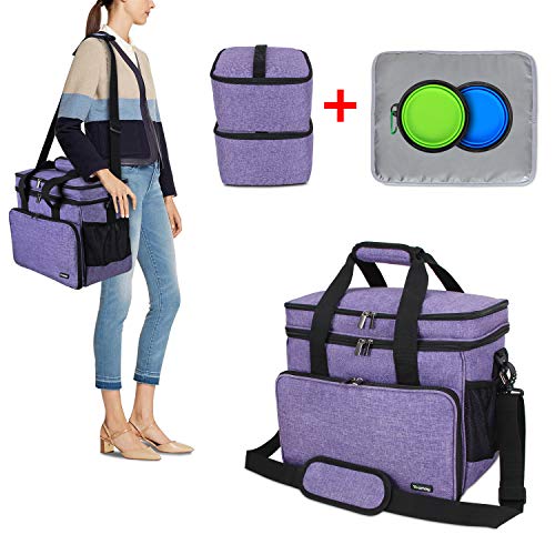 Teamoy Double Layer Dog Travel Bag with 2 Silicone Collapsible Bowls, 2 Food Carriers, 1 Water-Resistant Placemat, Pet Supplies Weekend Tote Organizer(Medium, Purple)