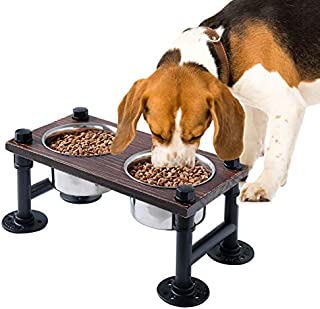 WELLAND Elevated Dog Bowls with 2 Stainless Steel Bowls, Farmhouse Style Dog Raised Bowls for Small or Medium Dogs, Dog Feeder with Solid Wood Board & Black Metal Legs, 15.7W x 8D x 6.7H