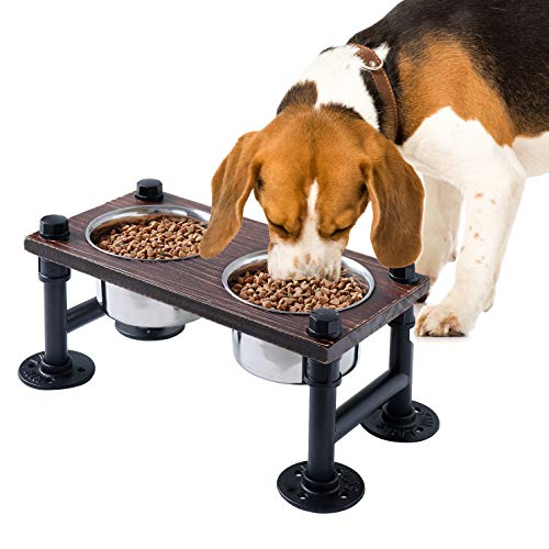 WELLAND Elevated Dog Bowls with 2 Stainless Steel Bowls, Farmhouse Style Dog Raised Bowls for Small or Medium Dogs, Dog Feeder with Solid Wood Board & Black Metal Legs, 15.7W x 8D x 6.7H