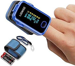 LOOKEE Premium Fingertip Pulse Oximeter Blood Oxygen Saturation Monitor with Alarm and Plethysmograph and Perfusion Index | Finger SpO2 Tracker | 2-Color OLED Display | Carry Case, Batteries Included