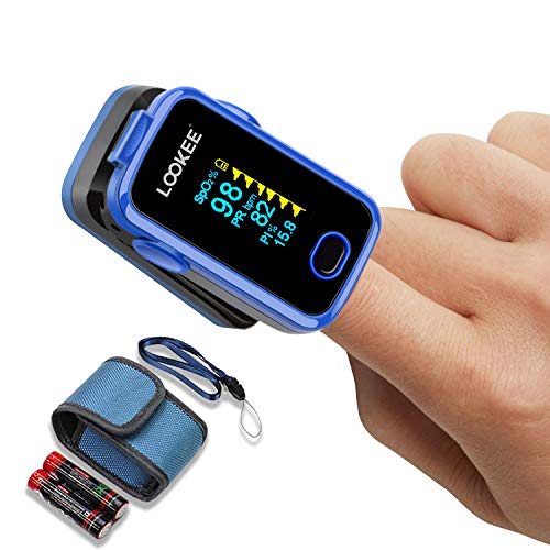 LOOKEE Premium Fingertip Pulse Oximeter Blood Oxygen Saturation Monitor with Alarm and Plethysmograph and Perfusion Index | Finger SpO2 Tracker | 2-Color OLED Display | Carry Case, Batteries Included