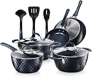 Nutrichef NCCW11DS Nonstick Cookware Excilon Home Kitchen Ware Pots & Pan Set with Saucepan Frying Pans, Cooking Pots, Lids, Utensil PTFE/PFOA/PFOS free, 11 Pcs, Blue Diamond