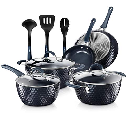 Nutrichef NCCW11DS Nonstick Cookware Excilon Home Kitchen Ware Pots & Pan Set with Saucepan Frying Pans, Cooking Pots, Lids, Utensil PTFE/PFOA/PFOS free, 11 Pcs, Blue Diamond