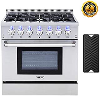 Thor Kitchen HRD3606U 36'' Dual Fuel Pro-Style Range Freestanding Professional Style with 5.2 cu.ft Convection Oven in Stainless Steel, 6 Burners, Cast-Iron Reversible Griddle