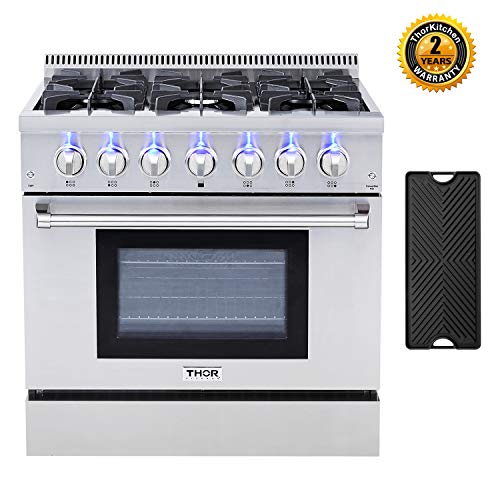 Thor Kitchen HRD3606U 36'' Dual Fuel Pro-Style Range Freestanding Professional Style with 5.2 cu.ft Convection Oven in Stainless Steel, 6 Burners, Cast-Iron Reversible Griddle