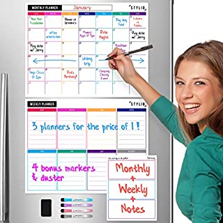STYLIO Dry Erase Calendar Whiteboard. Set of 3 Magnetic Calendars for Refrigerator: Monthly, Weekly Organizer & Daily Notepad. Wall & Fridge Family Calendar. 4 Fine Point Markers & Eraser Included