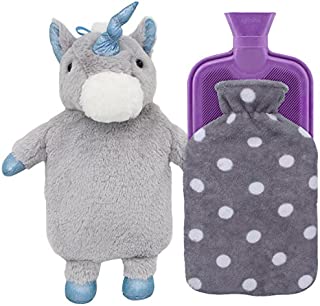 HomeTop Premium Classic Rubber Hot Water Bottle with Cute Unicorn Cover and Soft Fleece Cover (Gray Unicorn + Gray Polka Dot/Purple)