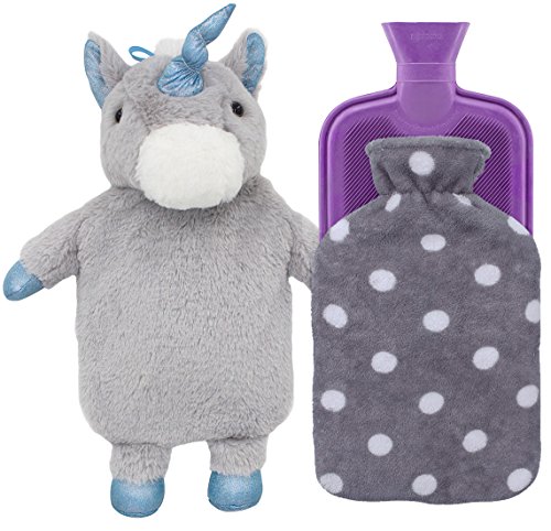 HomeTop Premium Classic Rubber Hot Water Bottle with Cute Unicorn Cover and Soft Fleece Cover (Gray Unicorn + Gray Polka Dot/Purple)