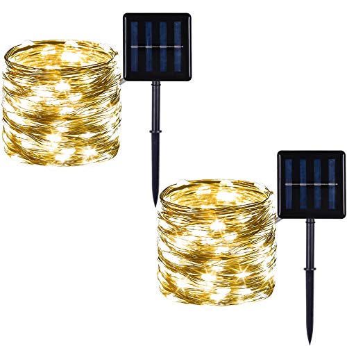 2 Pack 100 LED Solar Powered Copper Wire String Lights Outdoor, Waterproof, 8 Modes Fairy Lights for Garden, Patio, Party, Yard, Christmas (Warm White)