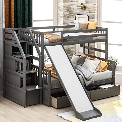 Merax Twin Over Full Bunk Bed with Drawers, Storage and Slide, Multifunction Wood Loft Bed for Kids, Adults (Gray)