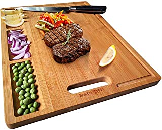 HHXRISE Large Organic Bamboo Cutting Board for Kitchen, with 3 Built-in Compartments and Juice Grooves, Heavy Duty Chopping Board for Meats Bread Fruits, Butcher Block, Carving Board, BPA Free