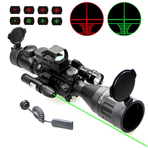 UUQ 4-16x50 AO Rifle Scope Red/Green Illuminated Range Finder Reticle W/Green Laser - Holographic Reflex Red Dot Sight - 5 Brightness Modes Flashlight